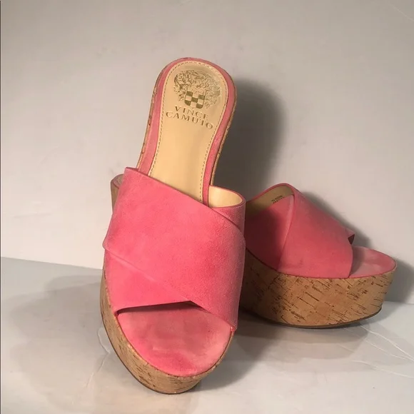 Vince Camuto Kessina Mule Soft Pink Suede Leather Cork Platform Wedge Sandal - Picture 3 of 9